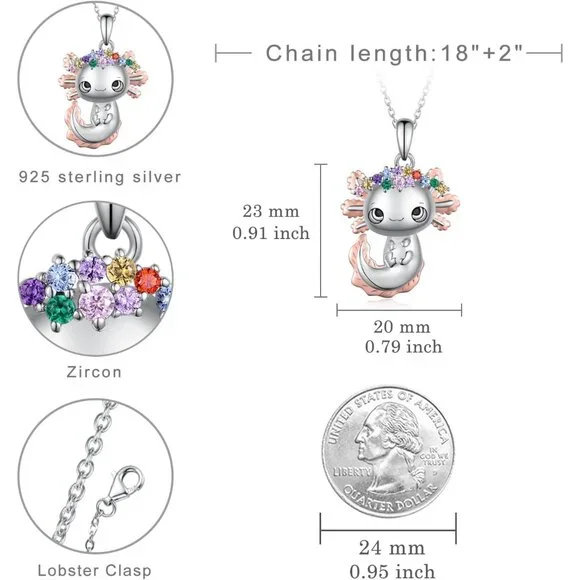 Cute Axolotl Sterling Silver Necklace with Colored Zircons, 20 chain, charming